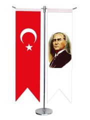 Masa Üstü Kırlangıç Atatürk + Türk Bayrağı + Krom T Direk Masa Bayrak Seti