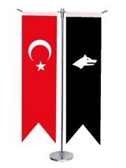 Masa Üstü Kırlangıç Siyah Göktürk + Türk Bayrağı + Krom T Direk Masa Bayrak Seti