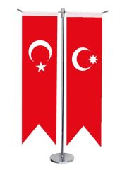 Masa Üstü Kırlangıç Osmanlı Devleti + Türk Bayrağı + Krom T Direk Masa Bayrak Seti