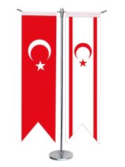 Masa Üstü Kırlangıç KKTC + Türk Bayrağı + Krom T Direk Masa Bayrak Seti