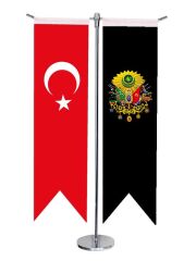Masa Üstü Kırlangıç Siyah Osmanlı Arması + Türk Bayrağı + Krom T Direk Masa Bayrak Seti
