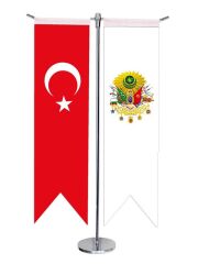 Masa Üstü Kırlangıç Beyaz Osmanlı Arması + Türk Bayrağı + Krom T Direk Masa Bayrak Seti