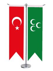 Masa Üstü Kırlangıç Yeşil Üç Hilal + Türk Bayrağı + Krom T Direk Masa Bayrak Seti