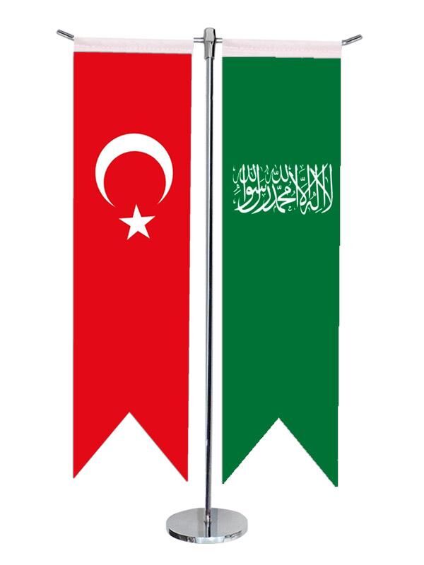 Masa Üstü Kırlangıç Yeşil Kelimei Tevhid + Türk Bayrağı + Krom T Direk Masa Bayrak Seti