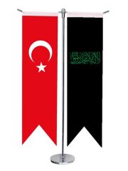 Masa Üstü Kırlangıç Siyah Kelimei Tevhid + Türk Bayrağı + Krom T Direk Masa Bayrak Seti
