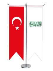 Masa Üstü Kırlangıç Beyaz Kelimei Tevhid + Türk Bayrağı + Krom T Direk Masa Bayrak Seti