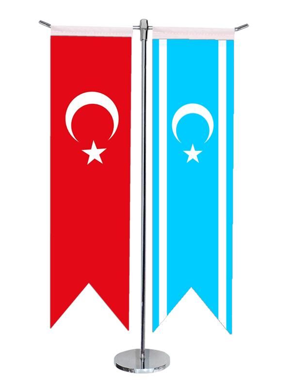 Masa Üstü Kırlangıç Kerkük Türkmeneli + Türk Bayrağı + Krom T Direk Masa Bayrak Seti