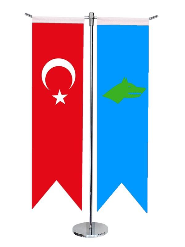 Masa Üstü Kırlangıç Göktürk Devleti + Türk Bayrağı + Krom T Direk Masa Bayrak Seti