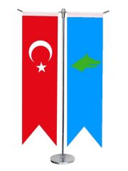 Masa Üstü Kırlangıç Göktürk Devleti + Türk Bayrağı + Krom T Direk Masa Bayrak Seti