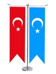 Masa Üstü Kırlangıç Doğu Türkistan + Türk Bayrağı + Krom T Direk Masa Bayrak Seti