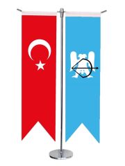 Masa Üstü Kırlangıç Selçuklu Devleti + Türk Bayrağı + Krom T Direk Masa Bayrak Seti