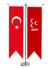 Masa Üstü Kırlangıç MHP + Türk Bayrağı + Krom T Direk Masa Bayrak Seti