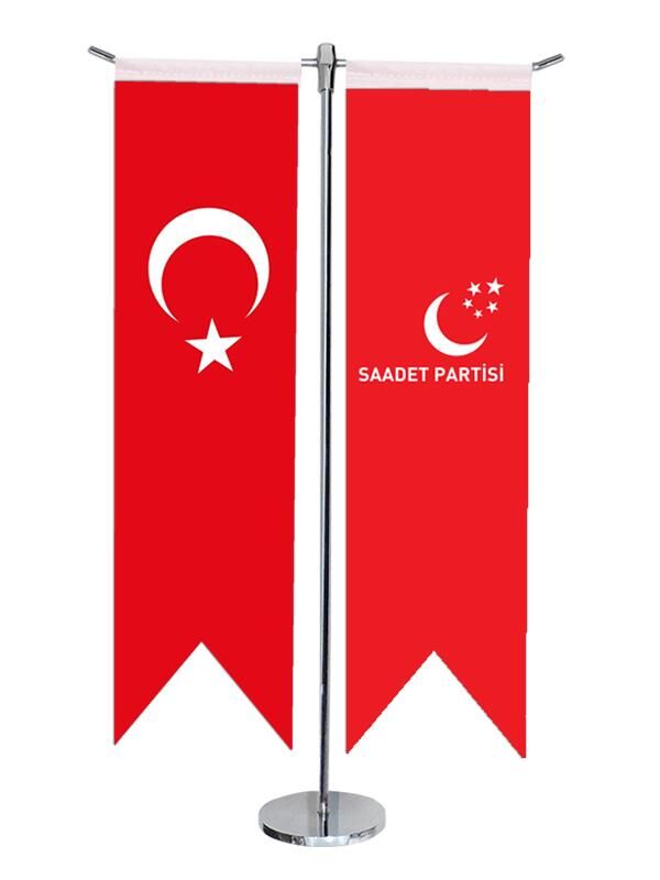 Masa Üstü Kırlangıç Saadet Partisi + Türk Bayrağı + Krom T Direk Masa Bayrak Seti