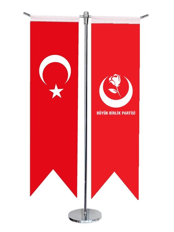 Masa Üstü Kırlangıç BBP + Türk Bayrağı + Krom T Direk Masa Bayrak Seti
