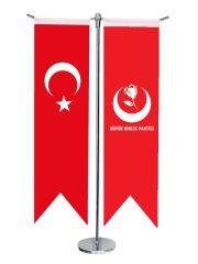 Masa Üstü Kırlangıç BBP + Türk Bayrağı + Krom T Direk Masa Bayrak Seti