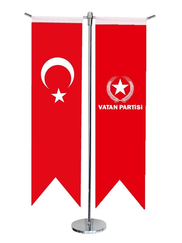 Masa Üstü Kırlangıç Vatan Partisi + Türk Bayrağı + Krom T Direk Masa Bayrak Seti
