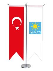 Masa Üstü Kırlangıç İyi Parti + Türk Bayrağı + Krom T Direk Masa Bayrak Seti