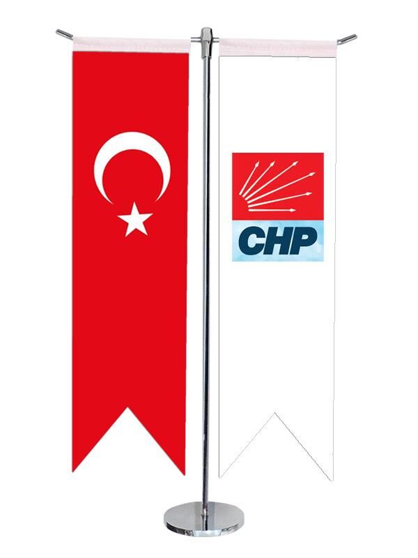Masa Üstü Kırlangıç CHP + Türk Bayrağı + Krom T Direk Masa Bayrak Seti