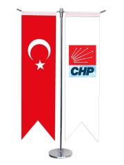 Masa Üstü Kırlangıç CHP + Türk Bayrağı + Krom T Direk Masa Bayrak Seti