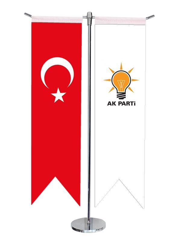 Masa Üstü Kırlangıç Ak Parti + Türk Bayrağı + Krom T Direk Masa Bayrak Seti