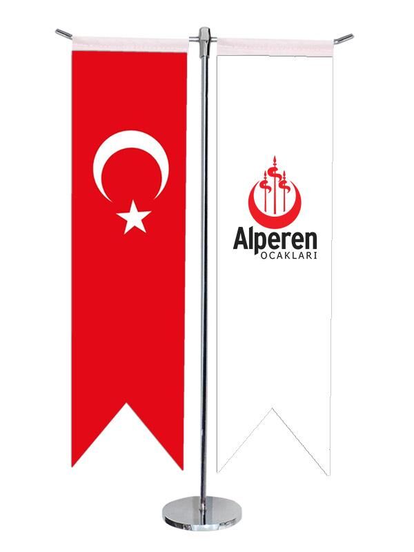 Masa Üstü Kırlangıç Alperen Ocakları + Türk Bayrağı + Krom T Direk Masa Bayrak Seti