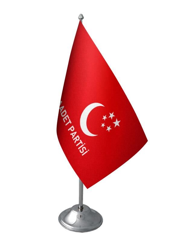 Masa Üstü Saadet Partisi Bayrağı Krom Direk Masa Bayrak Seti