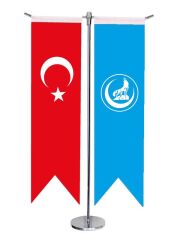 Masa Üstü Kırlangıç Ülkü Ocakları + Türk Bayrağı + Krom T Direk Masa Bayrak Seti