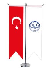 Masa Üstü Kırlangıç Diyanet İşleri + Türk Bayrağı + Krom T Direk Masa Bayrak Seti