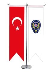 Masa Üstü Kırlangıç Polis Arması + Türk Bayrağı + Krom T Direk Masa Bayrak Seti