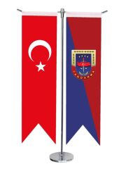 Masa Üstü Kırlangıç Jandarma + Türk Bayrağı + Krom T Direk Masa Bayrak Seti