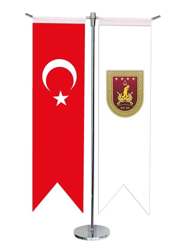 Masa Üstü Kırlangıç Kara Kuvvetleri + Türk Bayrağı + Krom T Direk Masa Bayrak Seti