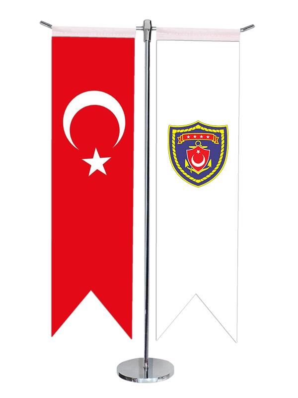 Masa Üstü Kırlangıç Deniz Kuvvetleri + Türk Bayrağı + Krom T Direk Masa Bayrak Seti